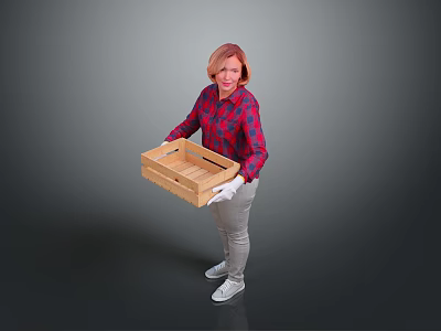 Woman in Red Black Plaid Shirt With White Gloves Holding Wooden Crate Against Gray Background 3d model