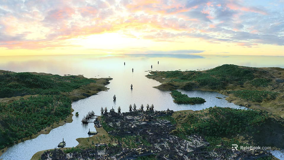 Scenic Sunset Landscape With River Islands Boats And Lush Vegetation Under Pink Blue Cloudy Sky 3d model 