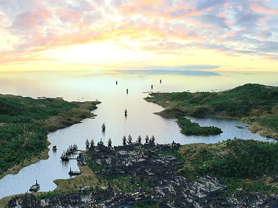 Scenic Sunset Landscape With River Islands Boats And Lush Vegetation Under Pink Blue Cloudy Sky 3d model