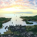 Scenic Sunset Landscape With River Islands Boats And Lush Vegetation Under Pink Blue Cloudy Sky