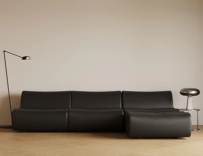 Black Leather Two-Seater Sofa With Floor Lamp Side Table Beige Wall And Wooden Floor 3d model