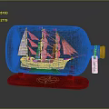 Vintage Ship Model in Glass Bottle with Wooden Base Compass Design and Cork Stopper