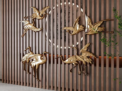 Golden Crane Wall Decor On Wooden Slat Wall 3d model
