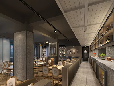 Modern Restaurant Interior With Wooden Ceiling Wine Racks And Dining Tables 3d model