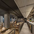Modern Restaurant Interior With Wooden Ceiling Wine Racks And Dining Tables