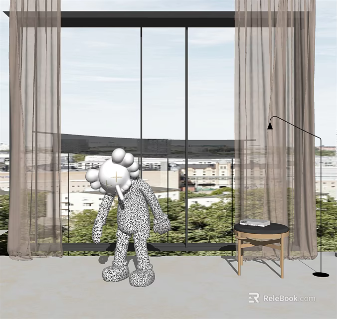 Light Sheer Curtains For Modern Room With Large Windows City View Greenery And Art Piece 3d model 