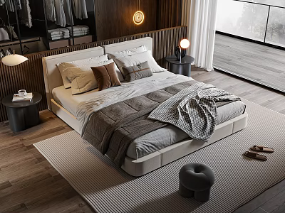 Modern Double Bed with Pillows and Gray Blanket on Wooden Floor with Nightstands Lamps and Large Window 3d model