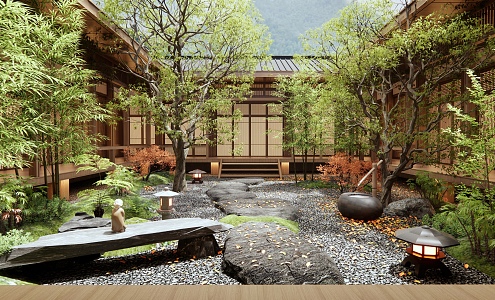 Zen Courtyard Landscape Slate Lu Ting Step Dry Landscape Landscaping Stone Plant Landscape 3d model