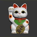 Traditional White Maneki Neko Cat With Red Ears Green Collar And Gold Coin