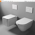 Two White Wall Mounted Toilets With Wall Mounted Circular Button Control Panels 3d model