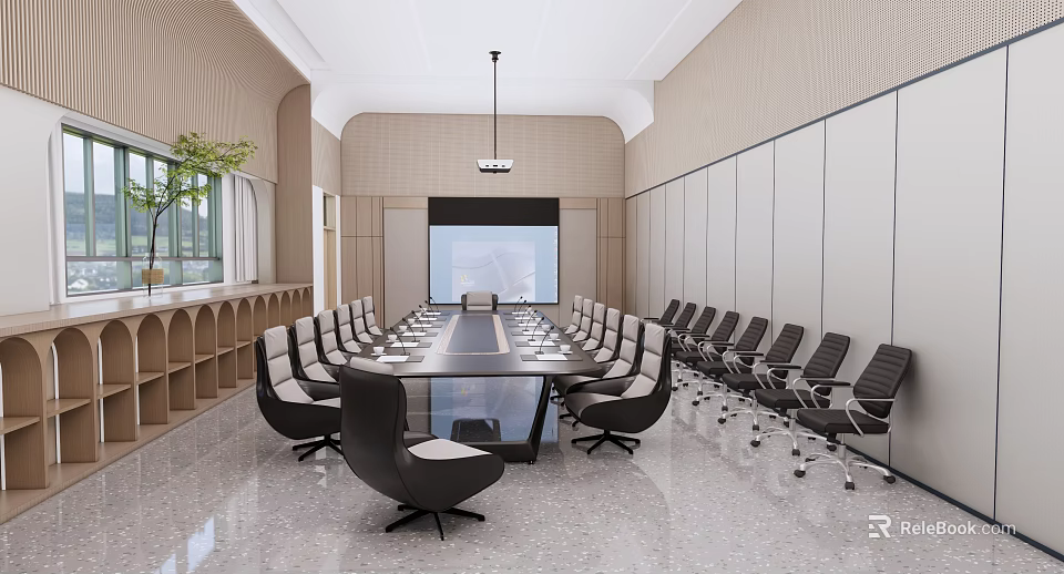 Modern Conference Room Interior Design With Long Table Projection Screen Chairs And Wooden Walls 3d model 