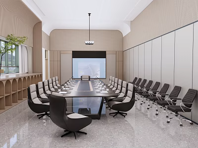 Modern Conference Room Interior Design With Long Table Projection Screen Chairs And Wooden Walls 3d model