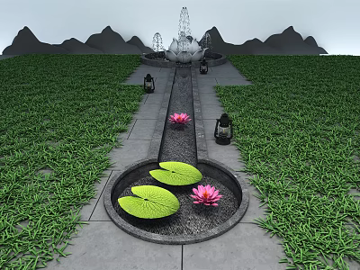 New Chinese style landscape sketch new classical garden flower bed lotus leaf lotus fountain 3d model