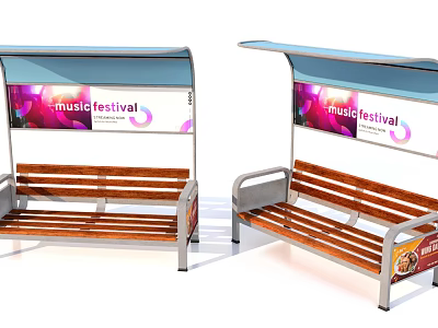 Outdoor Wooden Bench With Metal Frame And Canopy For Music Festival Gathering 3d model