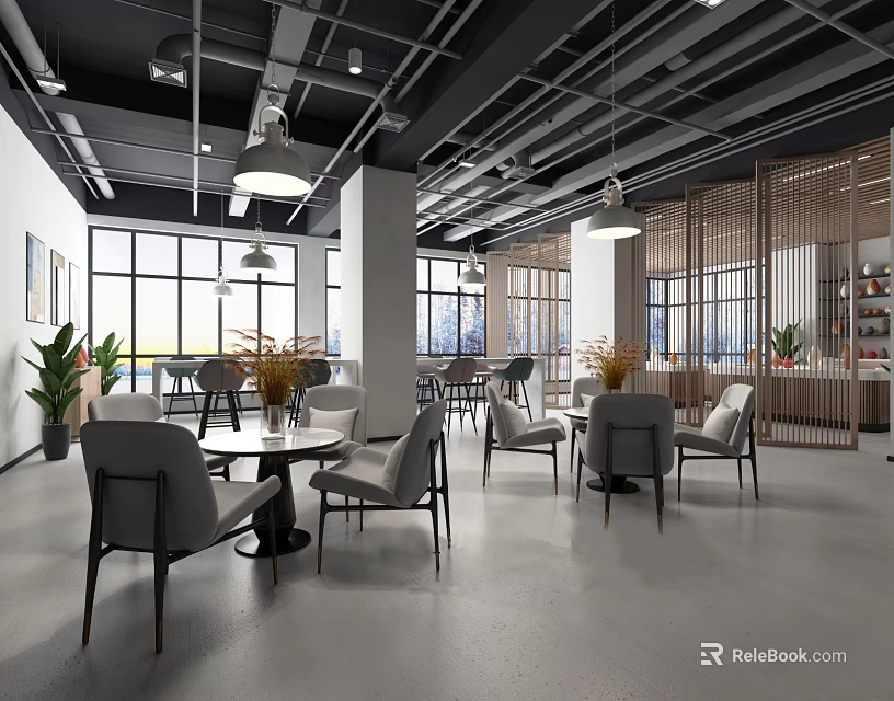 Spacious Café Interior With Large Windows Gray Chairs And Hanging Lights 3d model