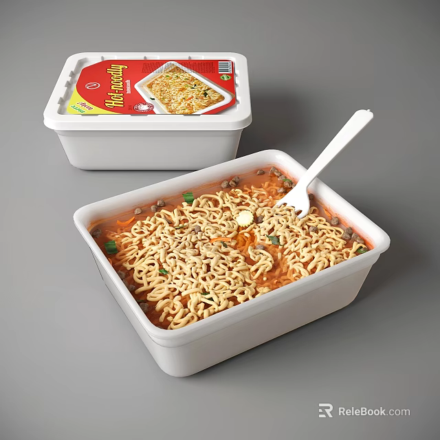 Hot And Spicy Instant Noodles In Open Container With Soup Vegetables And Spoon 3d model 