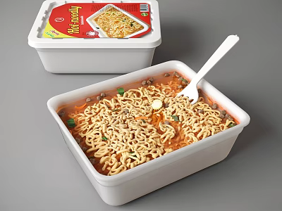 Hot And Spicy Instant Noodles In Open Container With Soup Vegetables And Spoon 3d model