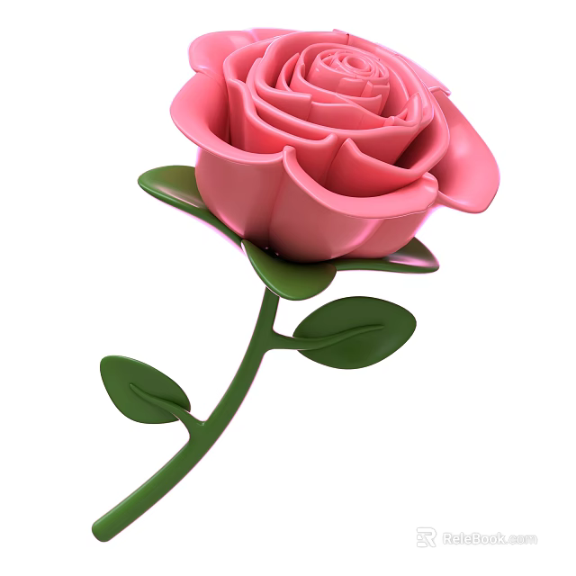 Fresh Pink Rose with Green Stem and Lush Leaves in Bloom 3d model 
