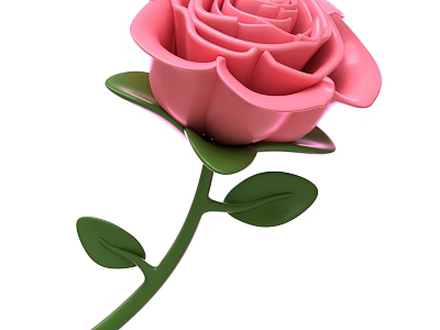 Fresh Pink Rose with Green Stem and Lush Leaves in Bloom 3d model
