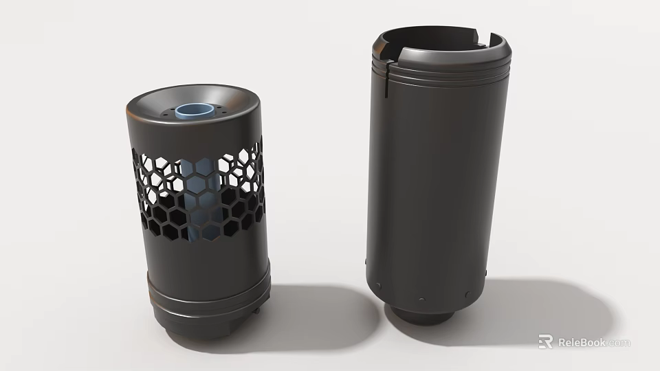 Two Black Cylindrical Industrial Equipment Units With Honeycomb Perforated Design And Solid Structure 3d model