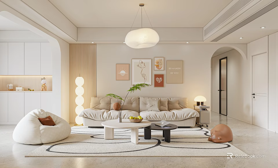 Minimalist Living and Dining Area With Beige Sofa Coffee Table Pendant Light And Decorative Paintings 3d model 