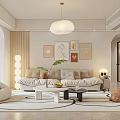 Minimalist Living and Dining Area With Beige Sofa Coffee Table Pendant Light And Decorative Paintings