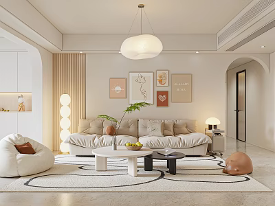 Minimalist Living and Dining Area With Beige Sofa Coffee Table Pendant Light And Decorative Paintings 3d model