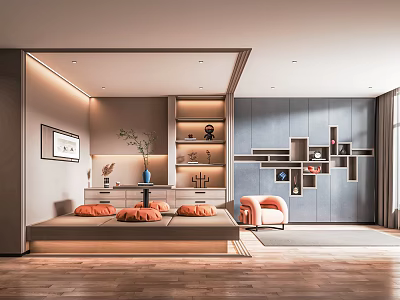 Cozy Modern Tatami Bedroom Interior With Platform Orange Mats And Storage Cabinets 3d model