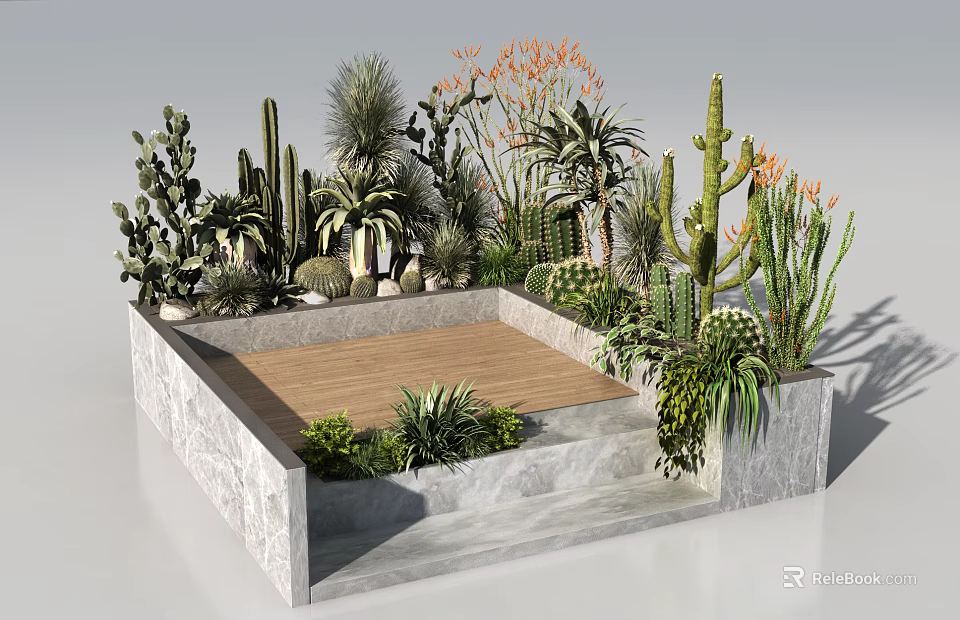 Outdoor Chair On Wooden Platform Surrounded By Cactus And Succulent In Stone Planter 3d model 