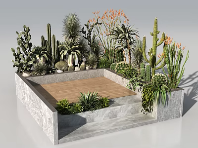 Outdoor Chair On Wooden Platform Surrounded By Cactus And Succulent In Stone Planter 3d model