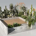 Outdoor Chair On Wooden Platform Surrounded By Cactus And Succulent In Stone Planter