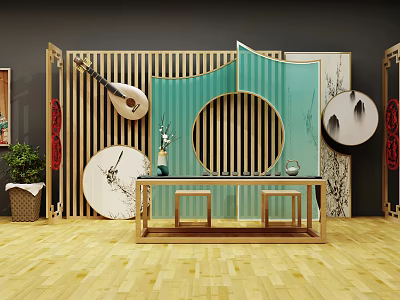 Chinese Traditional Interior Design With Wooden Screen Pipa Tea Set And Wooden Floor 3d model