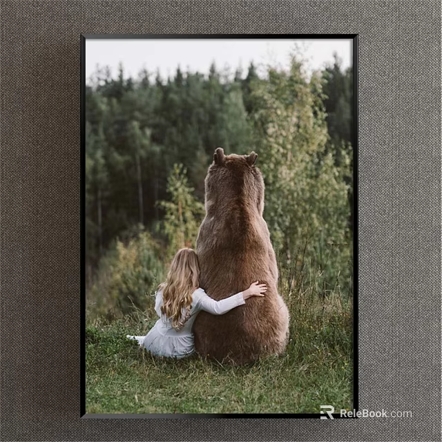 Animal Painting of Little Girl Hugging Big Bear Back View in Green Forest Grassland 3d model 