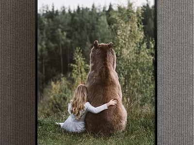 Animal Painting of Little Girl Hugging Big Bear Back View in Green Forest Grassland 3d model