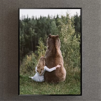 Animal Painting of Little Girl Hugging Big Bear Back View in Green Forest Grassland 3d model