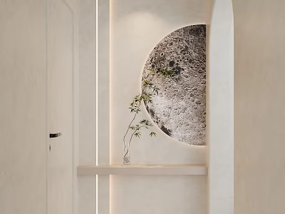 Modern Minimalist Partition Design With LED Strip Lights Round Mirror And Green Plant 3d model