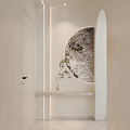 Modern Minimalist Partition Design With LED Strip Lights Round Mirror And Green Plant