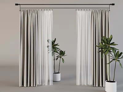 Modern Gray And White Double Layer Curtains With Sheer Panels And Potted Plants 3d model