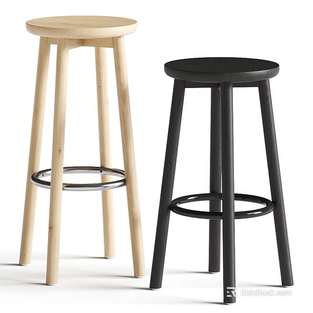 Modern Bar Stools In Light Wood And Black With Round Seats And Footrests 3d model 