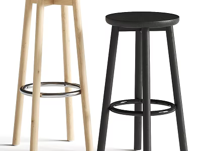 Modern Bar Stools In Light Wood And Black With Round Seats And Footrests 3d model