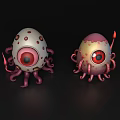 Whimsical Egg Shaped Decorative Ornament Set With Large Eyes And Pink Gray Tentacles
