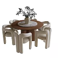 Modern Round Brown Dining Table with Six Beige Chairs and Vase with Flowers 3d model