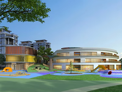 Modern School Building with Bright Windows Outdoor Playground Slide Sandpit and Green Lawn 3d model