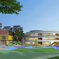 Modern School Building with Bright Windows Outdoor Playground Slide Sandpit and Green Lawn