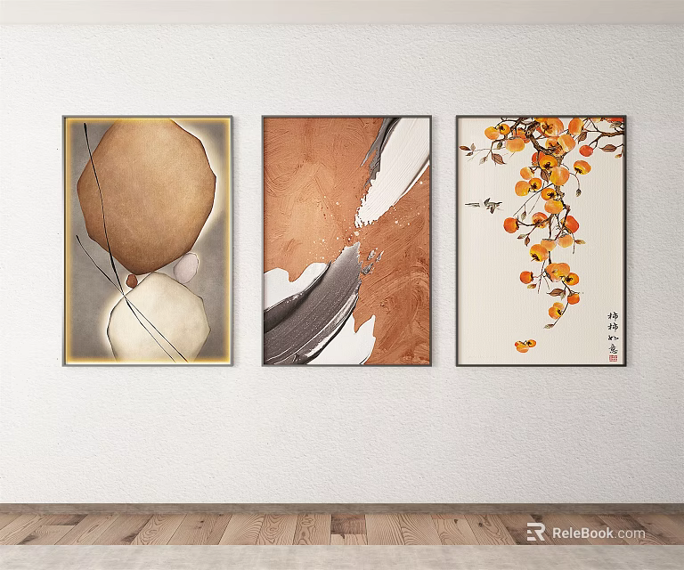 Three Modern Decorative Wall Art Paintings With Abstract Shapes And Floral Design 3d model 
