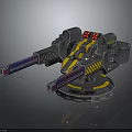 Futuristic Dual Barrel Weapon With Black Yellow Purple Orange Stripes Warning Stripes And Circular Base
