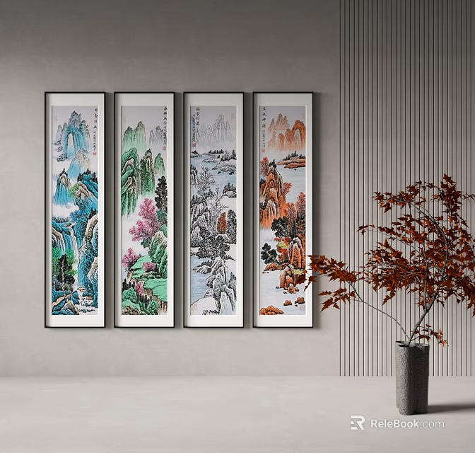 Four Landscape Paintings Hanging on Gray Wall With Mountain Water Trees and Red Leaf Plant 3d model 