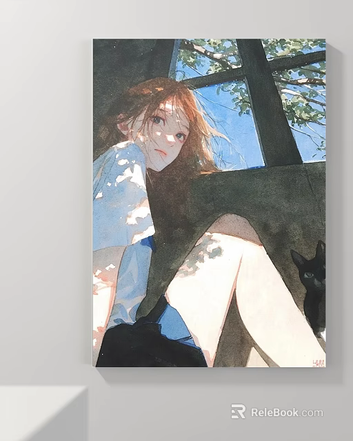 Elegant Portrait Painting of Red Haired Girl with Black Cat in Sunlit Outdoor Scene 3d model 