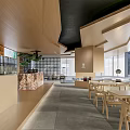 Modern Tea House Interior Design With Wooden Furniture Tables Chairs And Green Plants