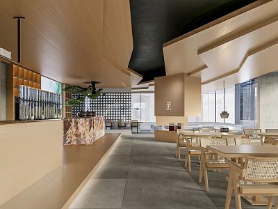 Modern Tea House Interior Design With Wooden Furniture Tables Chairs And Green Plants 3d model